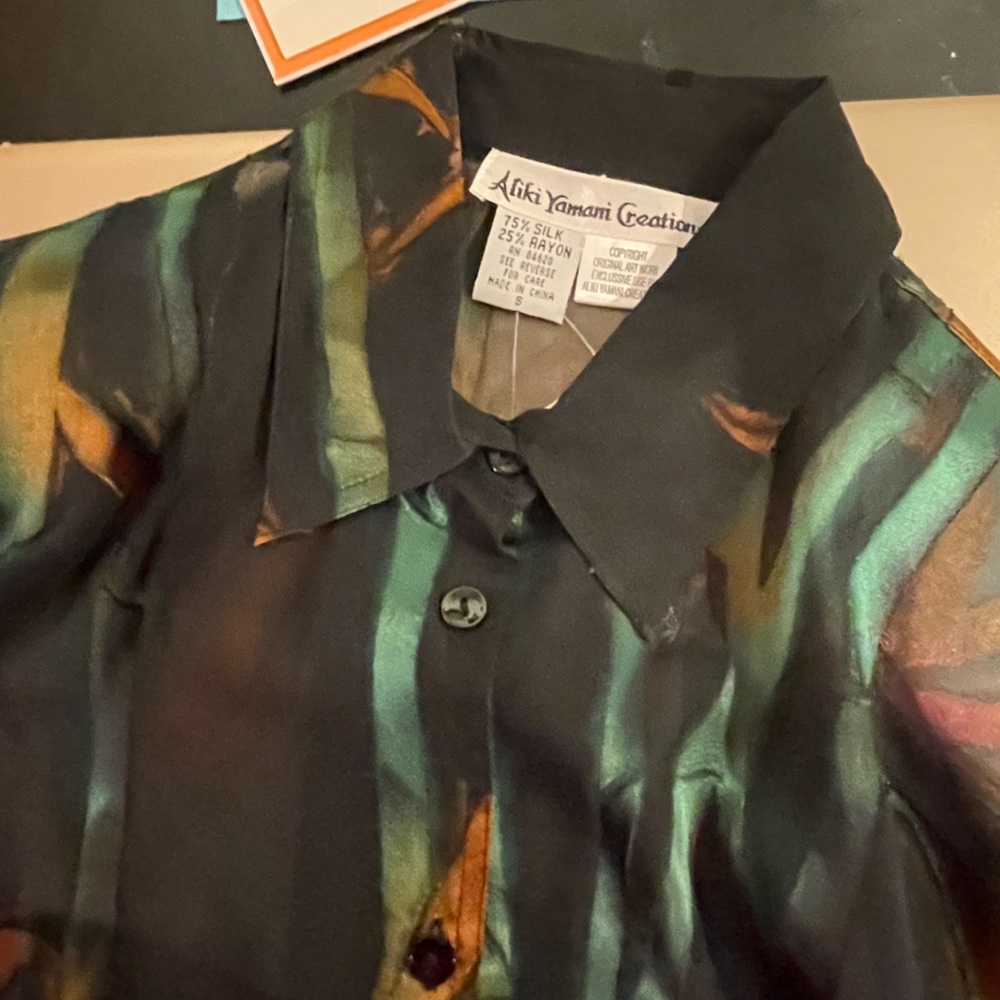 Original Artwork Blk sheer Blouse w emerald/rust designs.  75% silk 25% rayon
